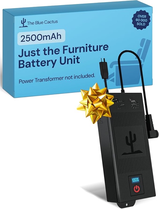 The Blue Cactus Company Battery Pack for Reclining Furniture - 2500mAh, 2-Pin Connector - LCD Display for Recliner Chair - Portable Power Supply - Cord-Free Floors