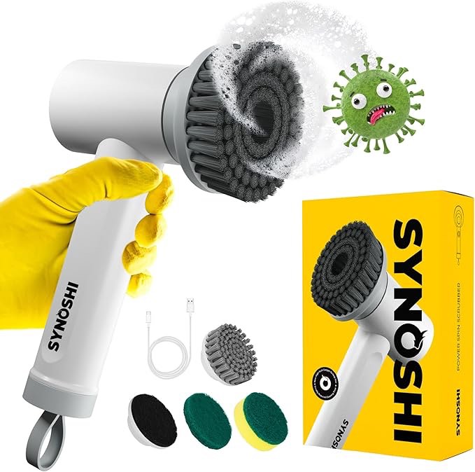 synoshi electric spin scrubber, power cleaning brush with 3 heads, cordless waterproof shower scrubber with dual speed, perfect for cleaning bathroom, tile, cars, floor. electric scrub brush for tub