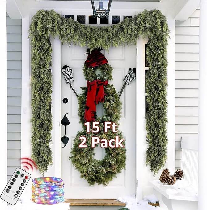 Cedar Christmas Garland with Lights for Mantle - 2 PACK Decorations 15ft Realistic Lighted Faux Pine Garlands for Xmas Home Decoration Indoor Stairs Railing Fireplace Outdoor Prelit Garland Door Decor