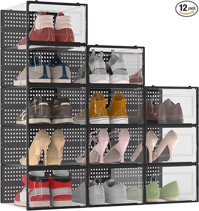 12 Pack XXX-Large Modular Clear Plastic Stackable Shoe Storage Organizer for Closet, Space Saving Versatile Sneaker Shoe Rack Containers Bins Holders, Portable Closet Organizers and Storage, Black