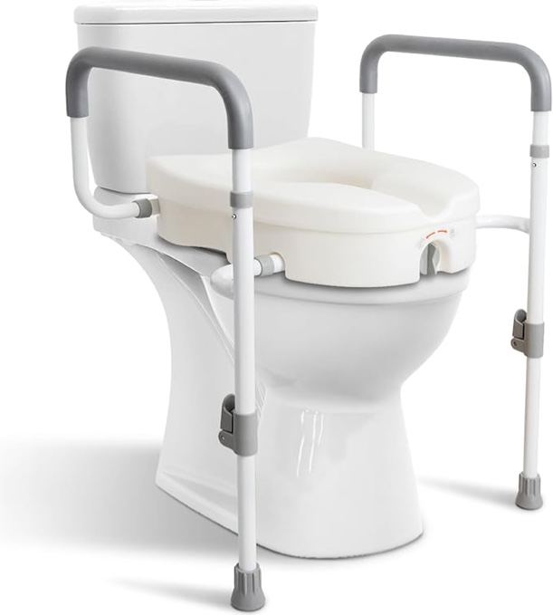Raised Toilet Seat with Handles for Elderly - Toilet Seat Risers for Seniors with Adjustable Padded Arms - Elevated Toilet Safety Seat for Standard or Elongated Commode