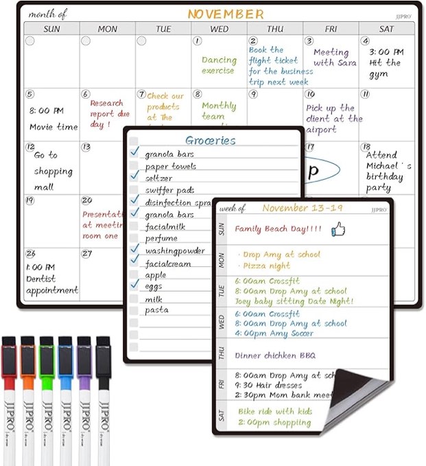 JJPRO Magnetic Monthly Calendar Whiteboard Set for Fridge-Monthly Planning Board and Two Bonus Dry Erase Grocery Board&Weekly Menu Board-Meal Planner Whiteboard/to-Do List-6 Markers