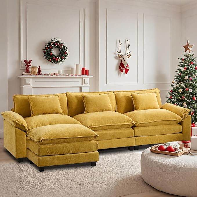 Sectional Sofa, Modular Cloud Couch with Ottoman, Deep Seat Sleeper Sofas with Throw Pillows, Comfy Chenille Loveseat Sofa for Living Room, Apartment (Yellow, L Shaped-3 Seat & Ottoman)