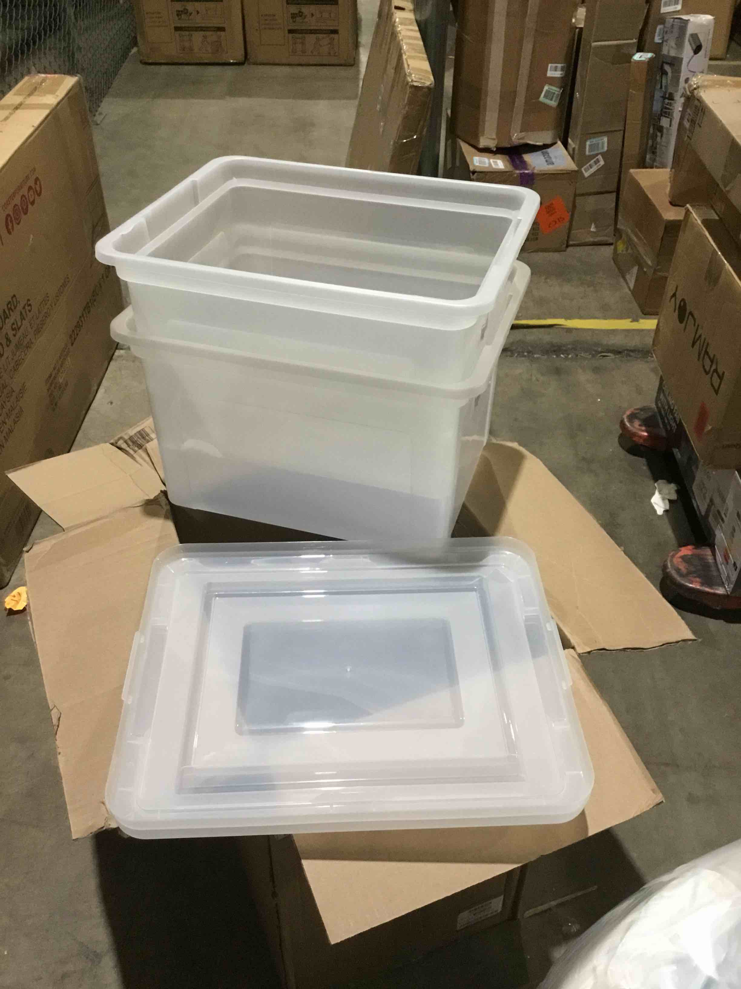 Condition photo showing As Is for IRIS USA File Box, Plastic File Boxes With Lids, Document Organizer for Letter/Legal File, Document Box, Storage Bin For Hanging Files, Secure Latching Lid Stackable BPA-Free, Clear 35 Qt. 1 Pack