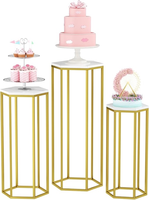 Urban Deco Cylinder Stands for Party, Set of 3 Gold Metal Hexagon Cake Pedestal Stand with Marbled Countertop, Flower Plant Pedestal Stands for Display Parties Wedding Birthday Decor, 3PCS, Gold