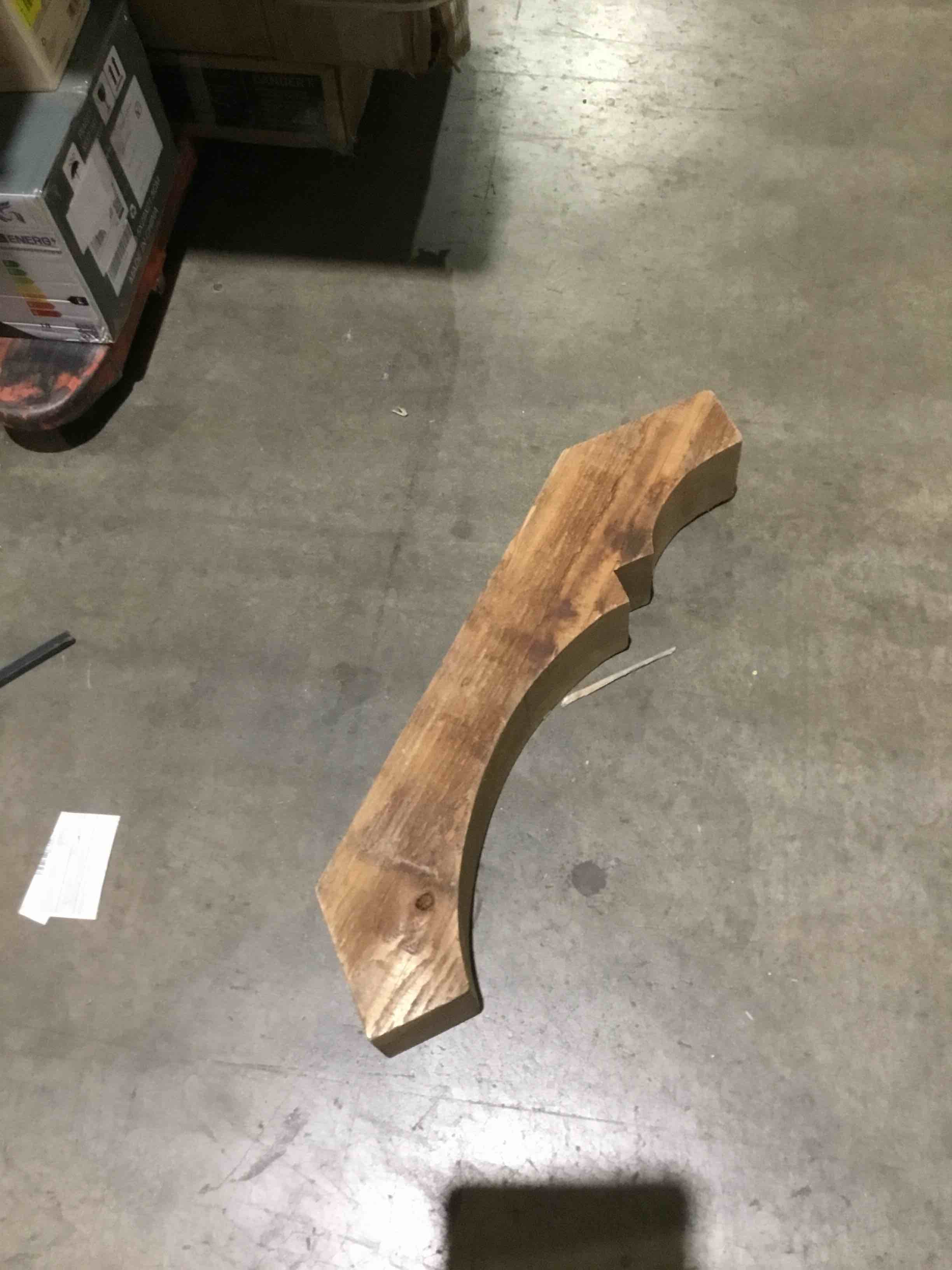 Condition photo showing As Is for ekena millwork balboa brace 18x22x4 rough sawn western red cedar, brc04x18x22boa00rwr 