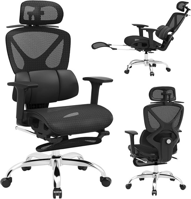 Ergonomic Mesh Office Chair, Home Desk Chair Comfy with Adjustable Lumbar Support 3D Headrest and Armrests, Reclining Big and Tall High Back Computer Gaming Chairs for Man Women, 350lbs Black