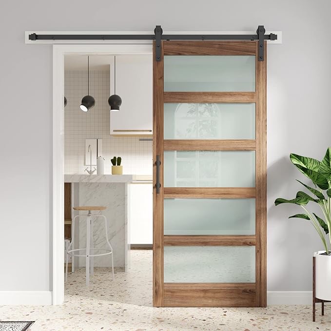 Glass Barn Door with 6.6FT Barn Door Hardware Kit & Handle Included,5-Panel Frosted Glass, Water-Proof Surface,Pre-Drilled Holes,Need Assembly
