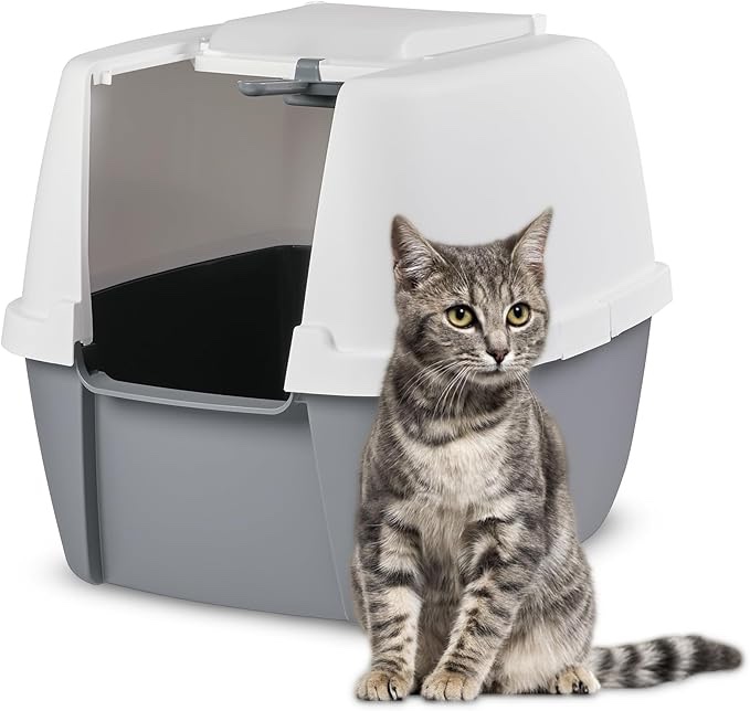 Iris Ohyama Cat Litter Box with Scoop, Grey, Anti-Spillage, Easy to Clean, Hooded, for Kittens, Adult Cats, Rabbits, Large, Jumbo, Big Cats, BPA Free, High Sided, Detachable Hood, CLH-17J