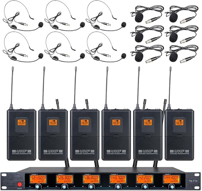 Tbaxo Wireless Microphone System 6 Channel Lavalier Mic Bodypacks Lapel Headsets Frequency B Wedding Party Meeting School Church Speaking Conference Meeting Classroom