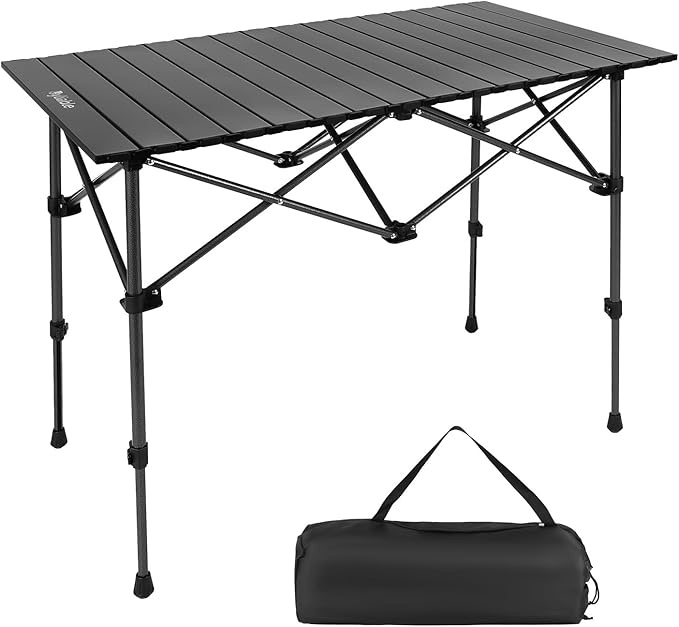 byliable camping table folding portable camp aluminum fold up lightweight roll up table adjustable height with carry bag indoor outdoor for camping, picnic, backyard, bbq, patio, black