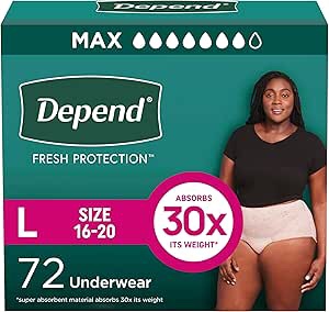 Depend Fresh Protection Adult Diapers, Incontinence & Postpartum Bladder Leak Underwear for Women, Disposable, Maximum, Large, Blush, 72 Count (2 Packs of 36), Packaging May Vary