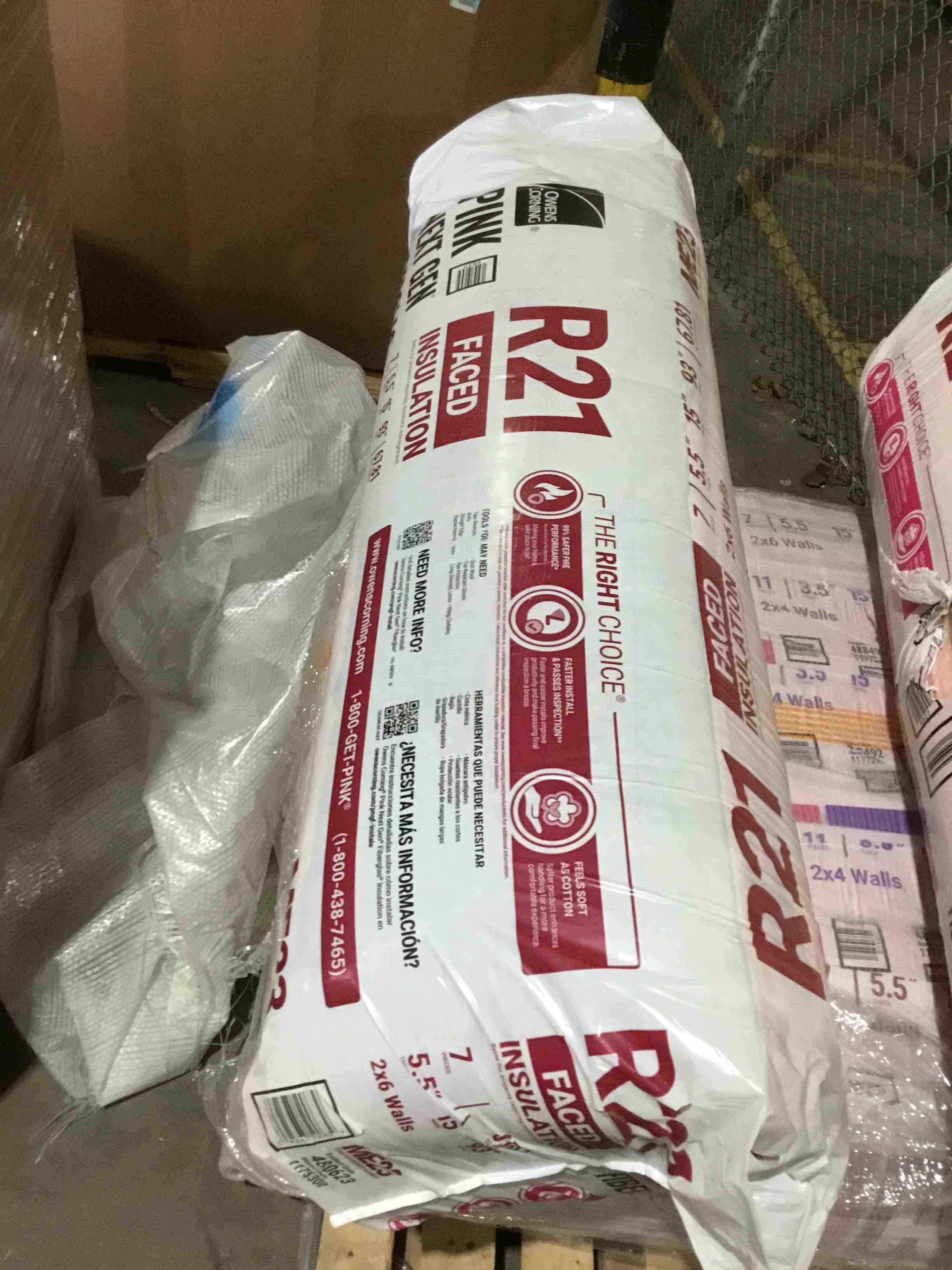 1 bag of Owen’s Corning R-21 Pink Next Gen Fiberglass Faced Batt Insulation, 5.5in x 15in x 93in
