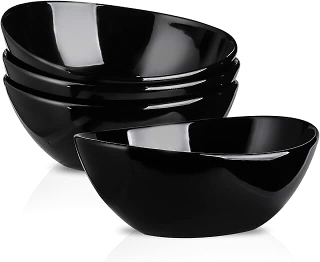 sheffield home 9" large oval serving bowls set of 4-36oz microwave & dishwasher safe stoneware fruit bowl - pasta bowls for kitchen dinner parties, salad & side dishes (black)