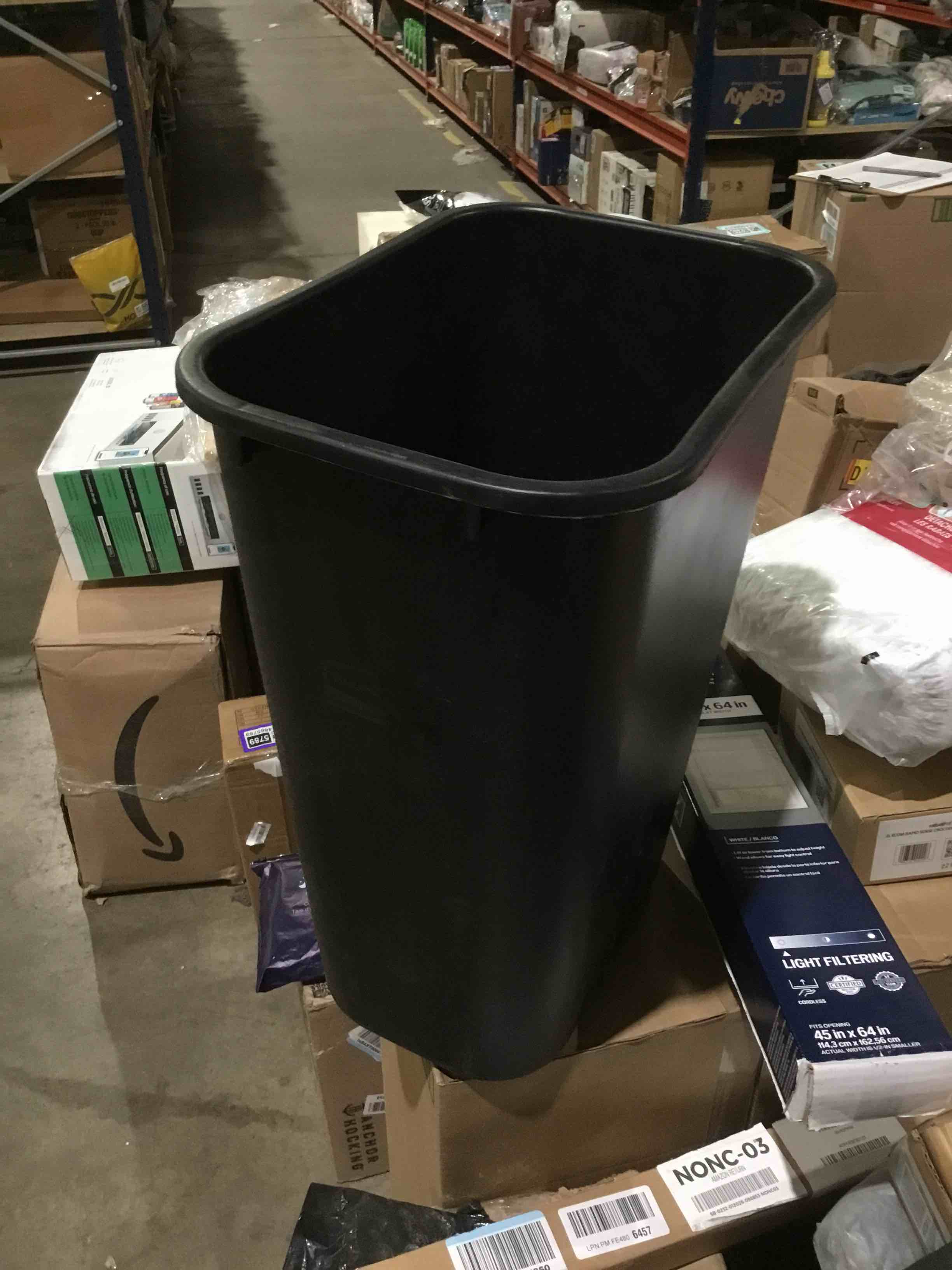 Condition photo showing Good Condition for rubbermaid commercial wastebasket trash container, 41qt/10.25 gal, plastic, black, stackable trash can for bedroom/bathroom/office, fits under desk/sink/cabinet