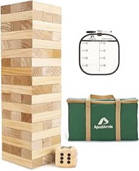 apudarmis giant tumble tower (stack from 2ft to over 4.2ft), 54 pcs pine wooden stacking timber game with 1 dice set - classic block giant outdoor game for teens adults family