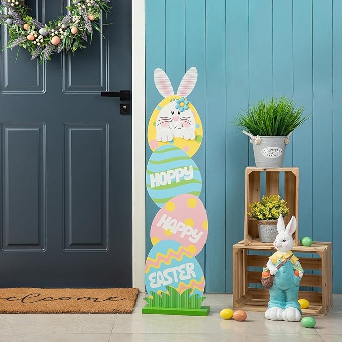 glitzhome 42" h happy easter porch sign, farmhouse rustic wooden bunny and eggs porch decor standing sign for front door porch decorations