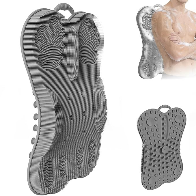 shower scrubber wall mounted for back body men women, xl large back scrubber mat exfoliating massage bristles brush - 3d ergonomic back support luxury long wide cover bath anti-slip suction cup grey
