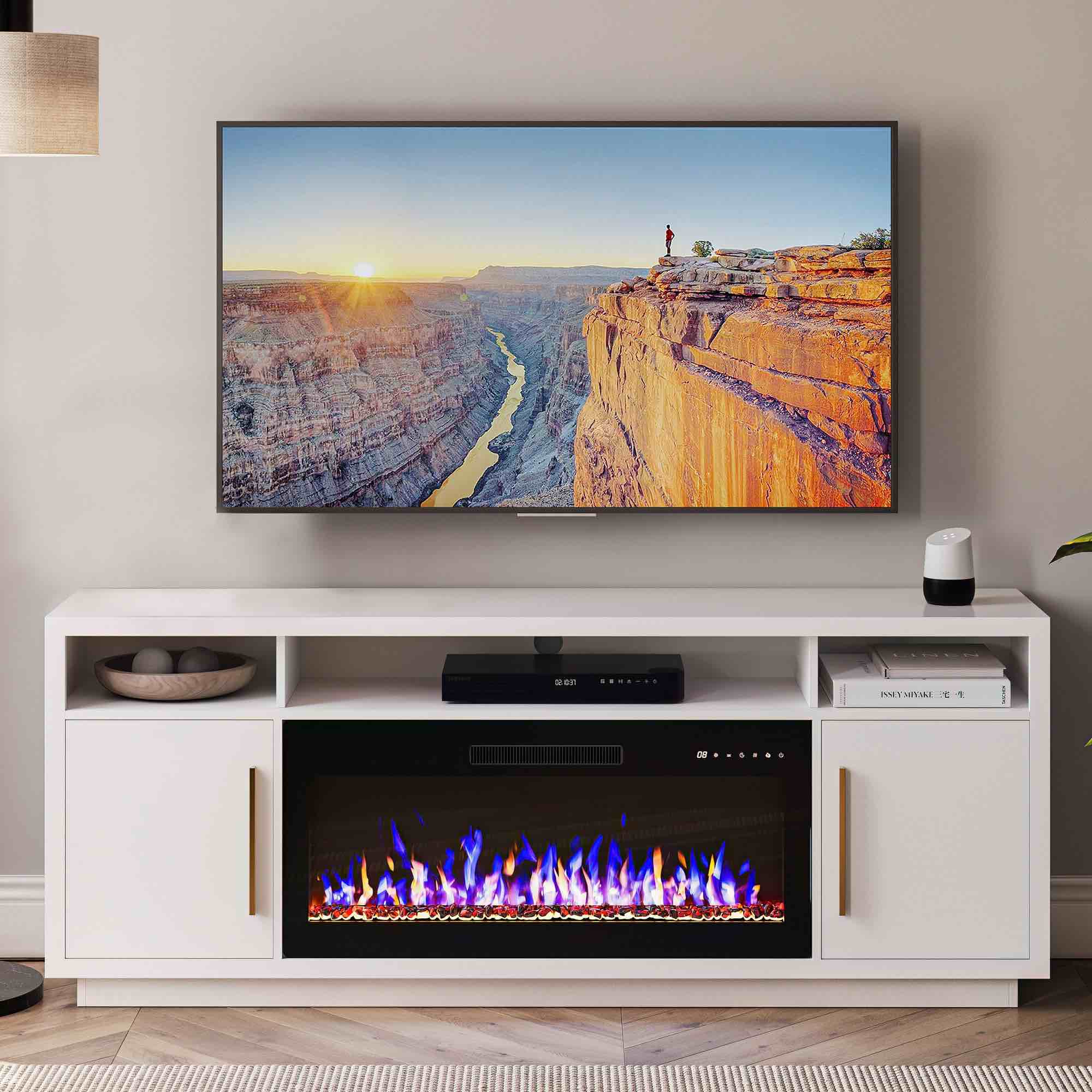 BELLEZE Fireplace TV Stand for TVs Up To 75", Entertainment Center with 36" Electric Fireplace, LED Ambient Lighting, and Storage, Media Console Table 69 Inch - Avenue (White) 014-HG-41890-WH