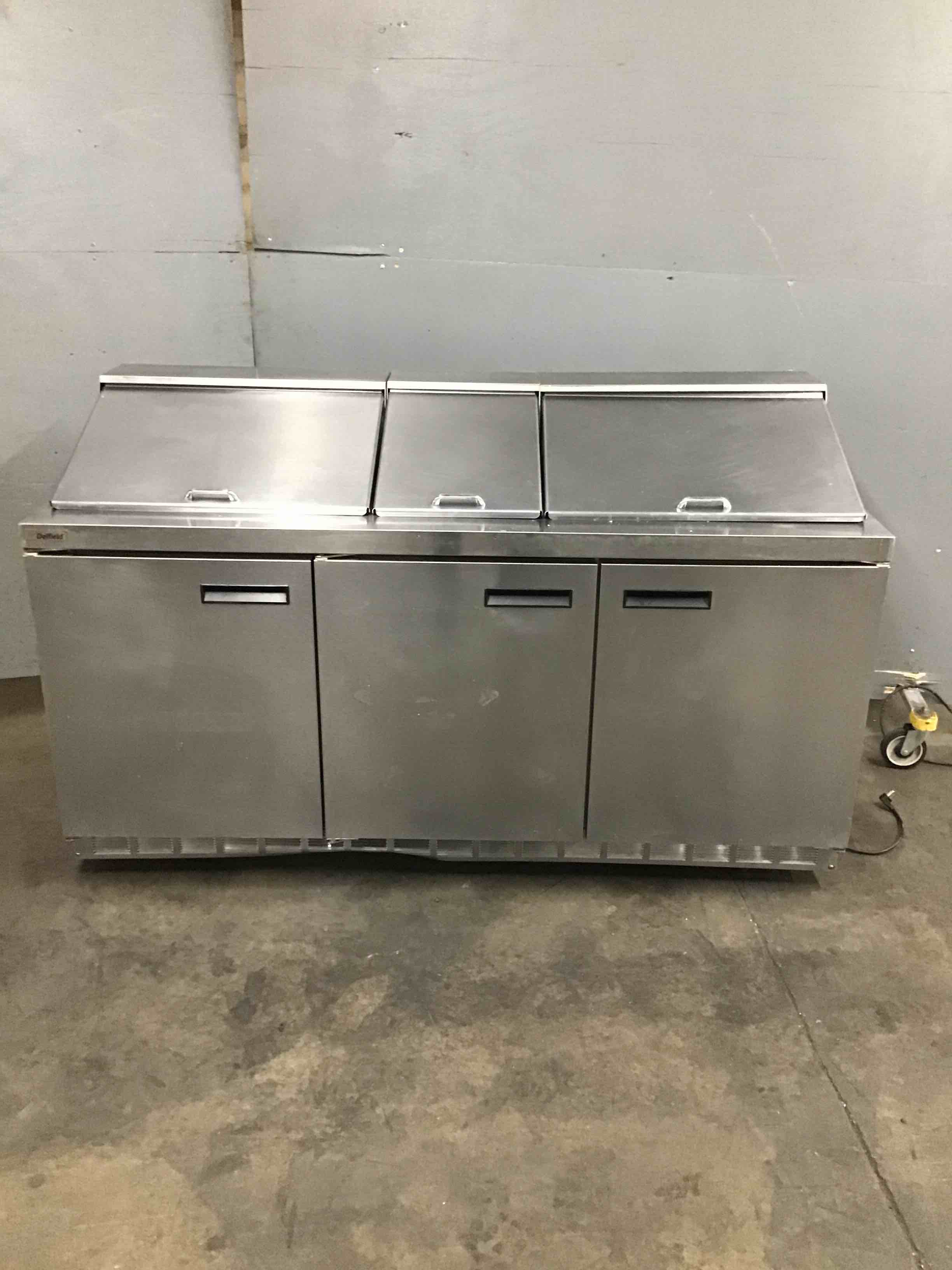 2015 DELFIELD 72 INCH STAINLESS STEEL 3-DOOR REFRIGERATED SANDWICH PREP TABLE