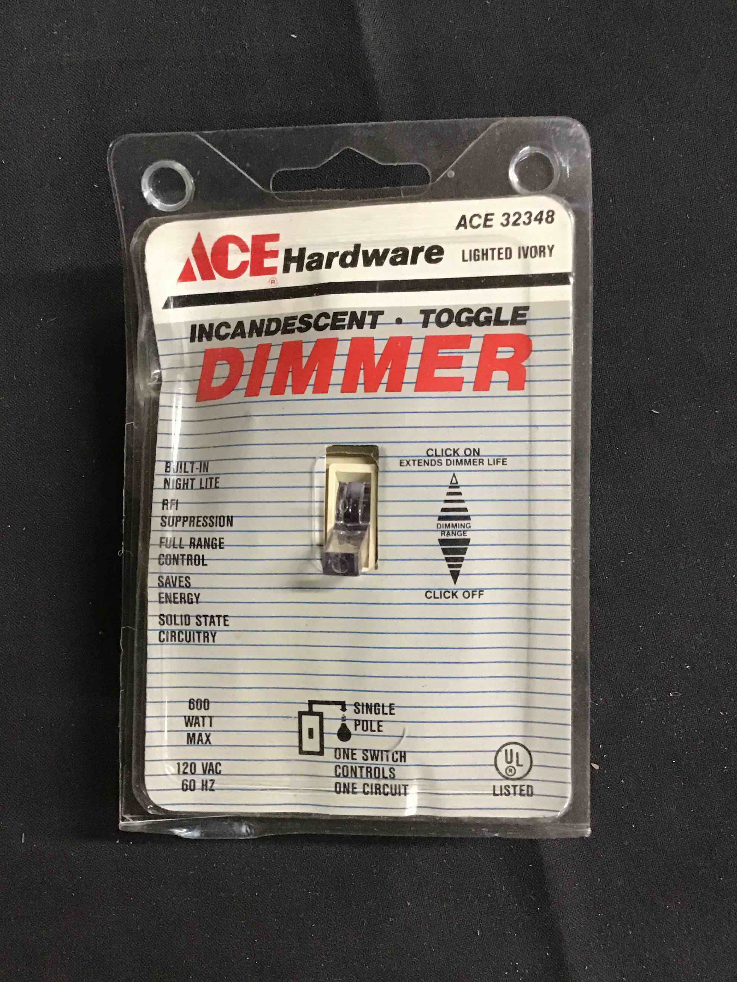 Ace Incandescent Toggle Dimmer, Ace 32348, Lighted Ivory
