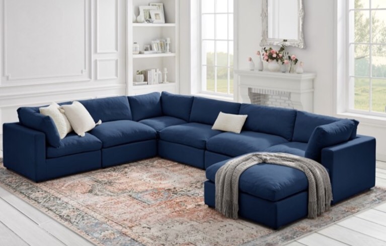 Corner Sofa Sectional Navy Blue Upholstered Linen (INCOMPLETE-4 SOFA CUSHIONS ONLY)