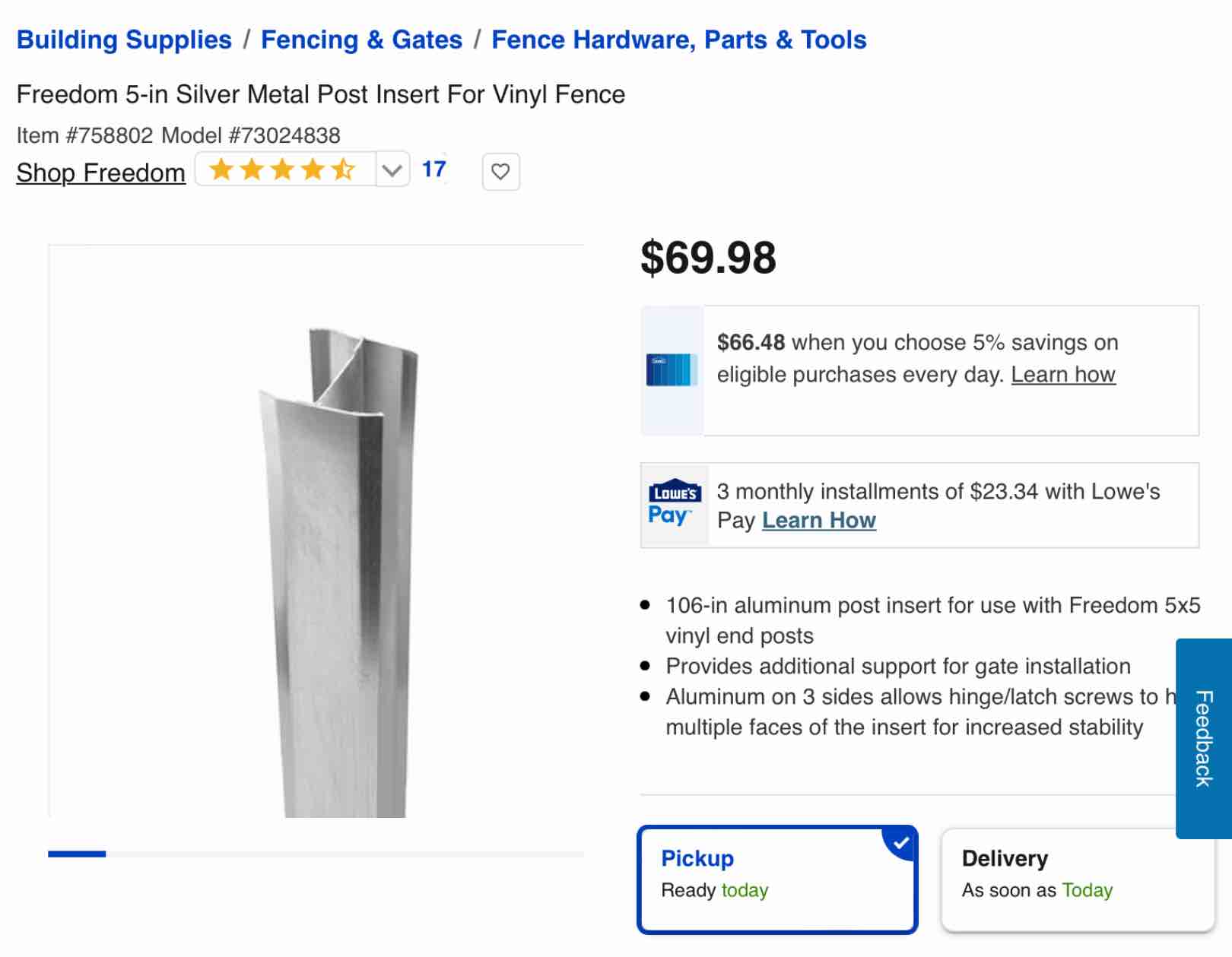 Freedom 5-in Silver Metal Post Insert For Vinyl Fence Item #758802 Model #73024838