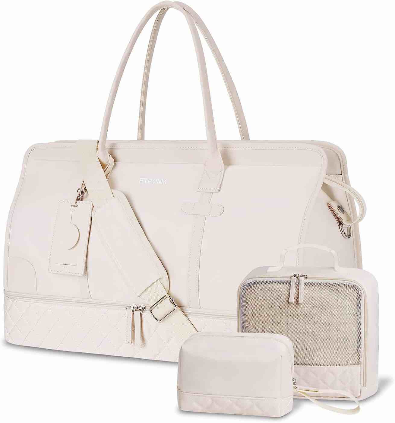 ETRONIK Weekender Overnight Bag for Women, Large Travel Duffle with Beige