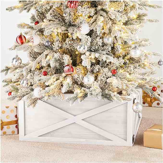 Glitzhome 26" L Washed White Wooden Tree Collar Tree Stand Cover Christmas Tree Skirt Tree Box