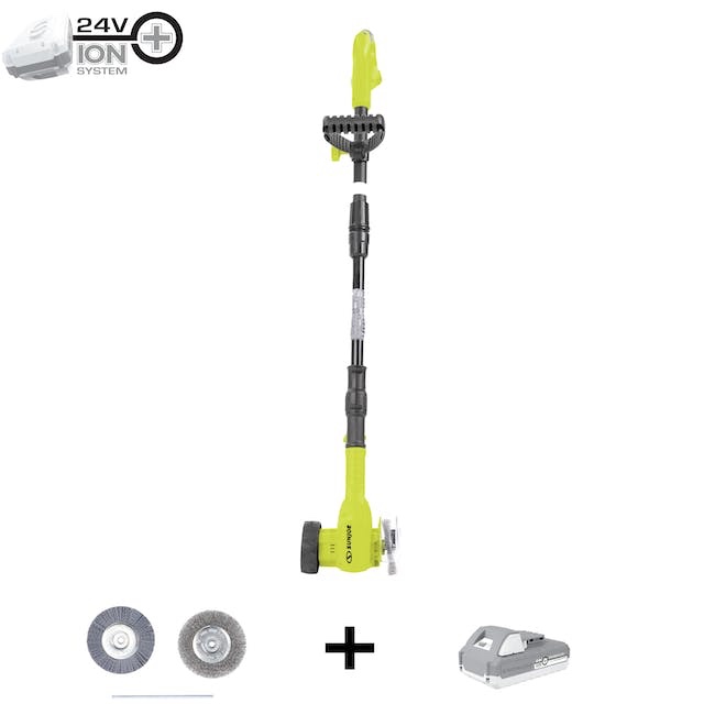 Sun Joe 24V-CTC-LTE 24-Volt* IONMAX Cordless Weed Sweeper Kit | Nylon Brush, Steel Wire Brush, & Adjustable Pole | Sweeper Head W/ Wheel | W/ 2.0-Ah Battery + Charger