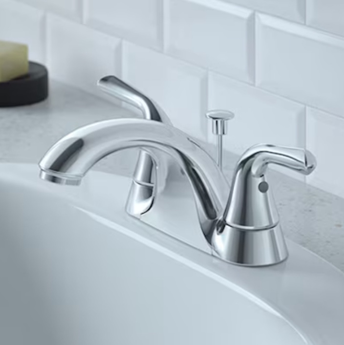 Project Source Dover Chrome 4-in centerset 2-Handle WaterSense Bathroom Sink Faucet with Drain and Deck Plate