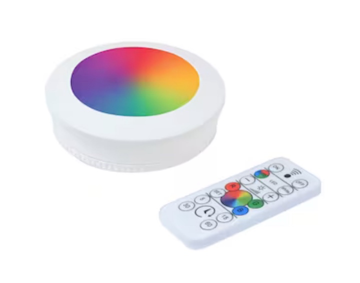 ecolight 3.5-in RGBW LED Battery Operated Magnetic Tap Puck Light with IR Remote