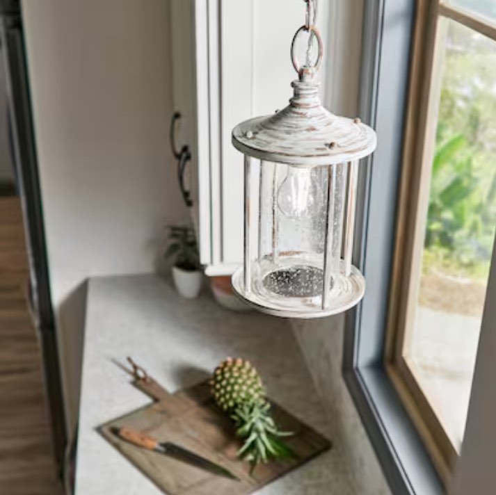 Kichler Hawser Distressed Antique White Coastal Seeded Glass Cylinder Mini Outdoor Hanging Pendant Light