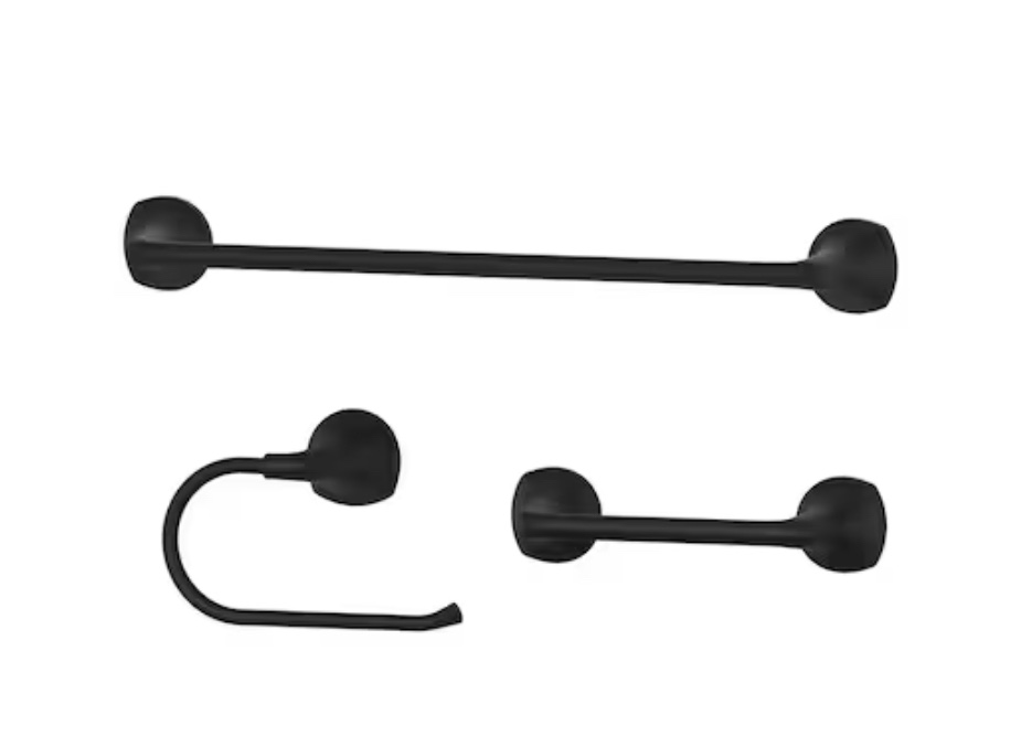Pfister  3 Piece Rancho Matte Black Decorative Bathroom Hardware Set with Towel Bar,Toilet Paper Holder and Towel Ring