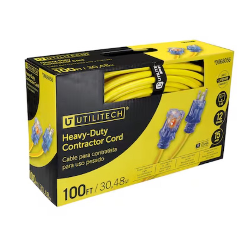 Utilitech Utilitech 100-ft 12/3 3-Prong Yellow Outdoor SJTW Heavy Duty Lighted Extension Cord
