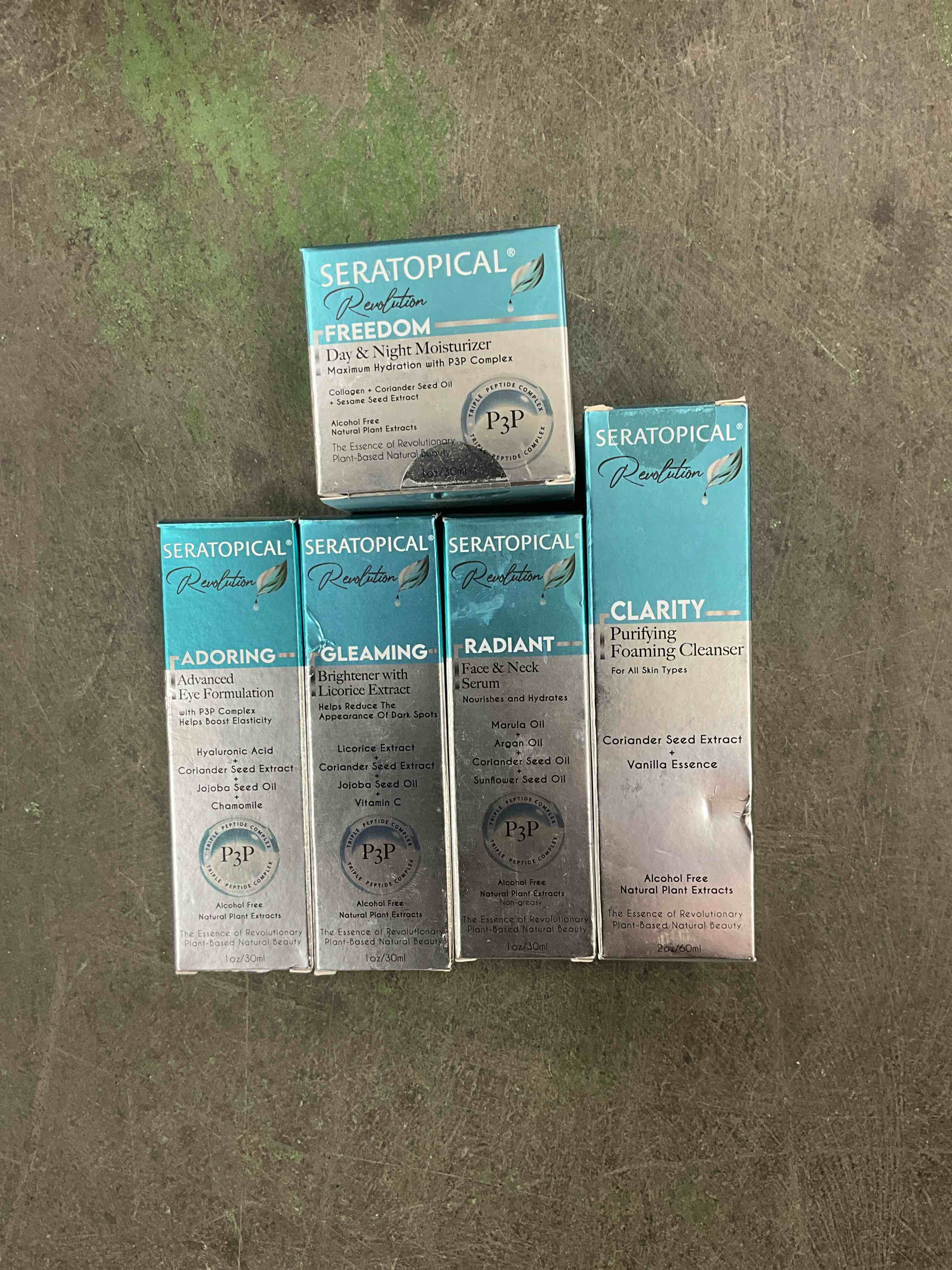 Freedom Day & Night Moisturizer, Radiant Face & Neck Serum, Clarity Purifying Foaming Face Cleanser Gleaming, Brightener with Licorice Root Extract, and Adoring Advanced Eye Formulation (1 set)