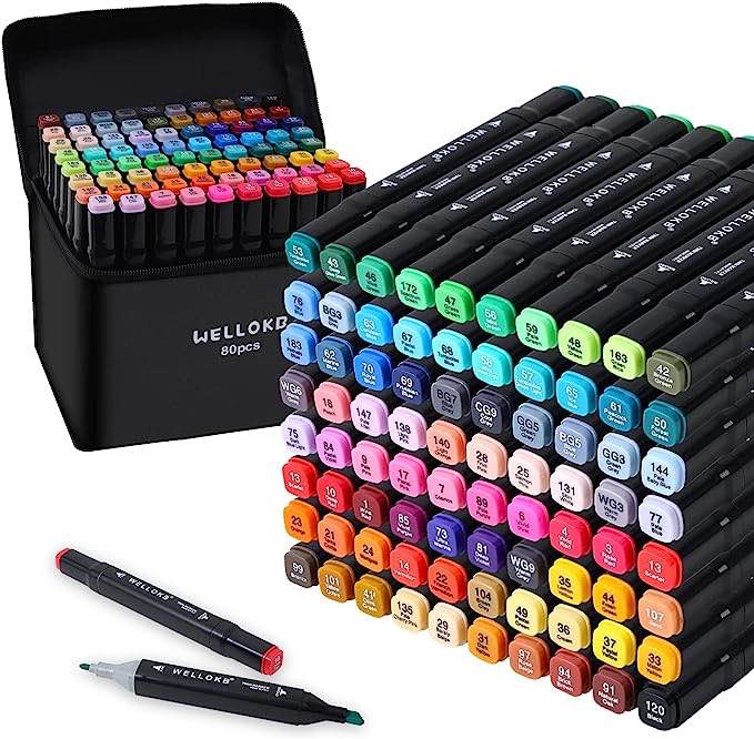 WELLOKB Alcohol Markers, 80 Dual Tip Permanent Art Markers for Coloring, Illustrations, and Sketching, Includes Case for Easy Storage, Alcohol, Based Ink Ideal for Book Painting and Card Making