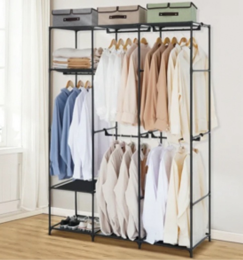 HONEIER Metal Garment Rack, Portable Closet Freestanding Clothes Rack for Hanging Clothes, Shoe Clothing Organizer Shelves, Sturdy Multifunctional Storage Rack Wardrobe, Black