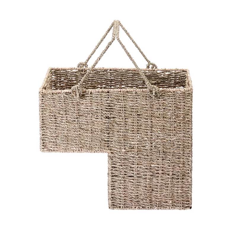 14-Inch Wicker Staircase Basket with Handles - Handmade L-Shaped Woven Seagrass Organizer