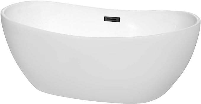 Rebecca 60 Inch Freestanding Bathtub in White with Matte Black Drain and Overflow Trim