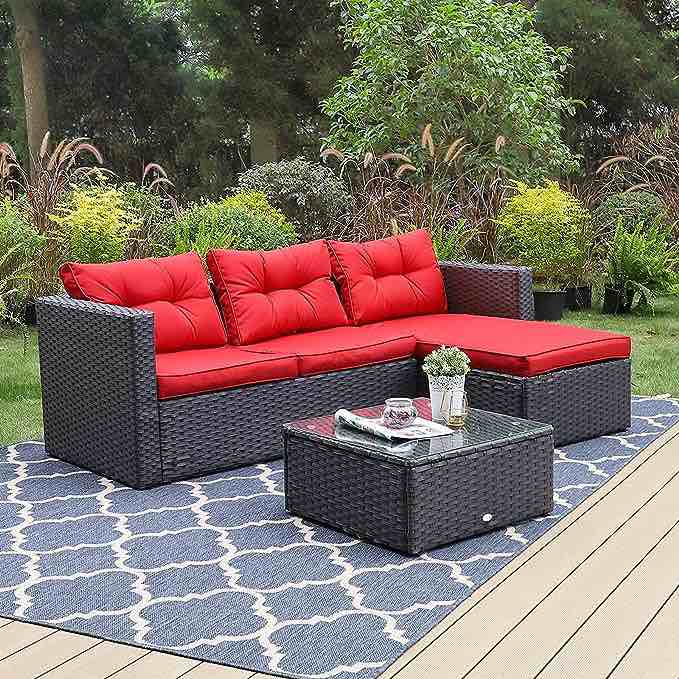PHI VILLA Patio Sectional Weaving Wicker Small L-Shaped Outdoor Furniture Sofa Set with Upgrade Rattan (3 Piece,Red)