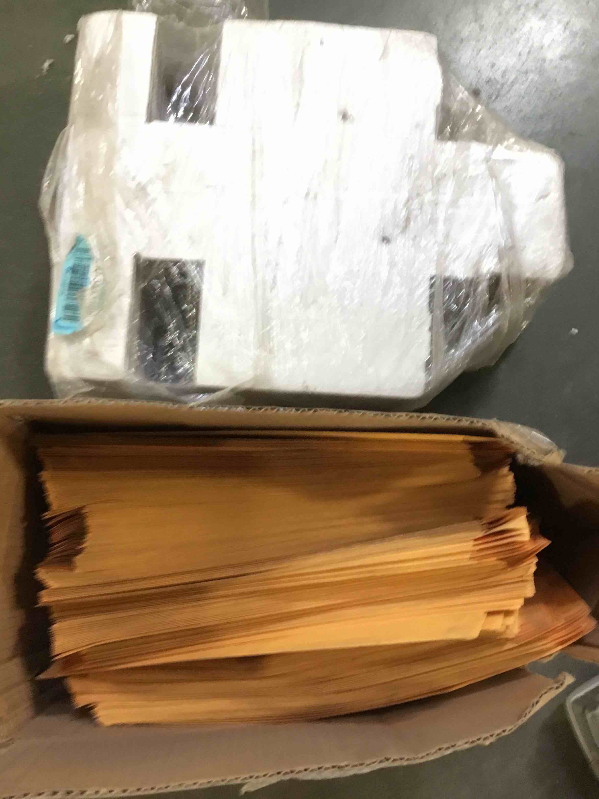 Assorted items: envelopes and cardboard box 
