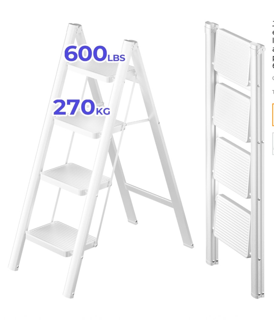 JOISCOPE 4 Step Ladder, Folding Step Stool for Adults with Widening and Thicken Non-Slip Pedals, 600LBS Lightweight Portable & Collapsible Ladder Perfect for Home Kitchen Library, Frame, White