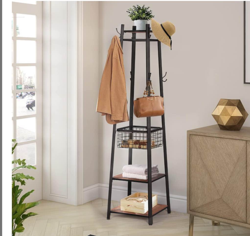 VECELO Coat Rack Freestanding,Hall Tree with Metal Basket and Storage Shelves,Industrial Coat Rack Stand with 8 Hooks for Hanging Coats/Hats/Bags/Umbrellas,18 x 18 x 72 In,Walnut Brown