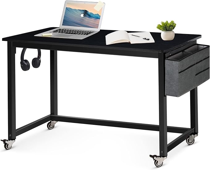 47" Rolling Computer Desk with 4 Smooth Wheels, Simple Style Mobile Writing Desk Home Office Study Table Movable Workstation with Metal Frame(item is purple)
