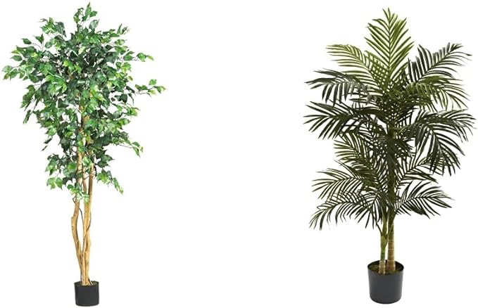 Nearly Natural 5208 Ficus Artificial Tree with Curved Trunk, 5-Feet, Green & 5ft. Golden Cane Palm Artificial Tree, Green