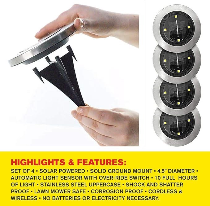 Bell+Howell Solar Powered 4 LED Disk Lights, Wireless Auto On/off Solar Pathway Garden Lights