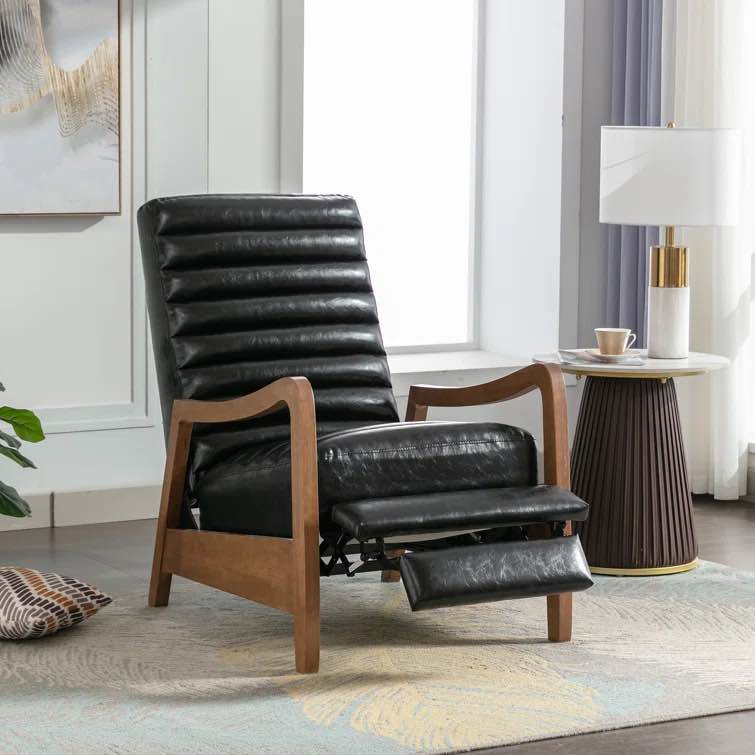 Ikraam Chance 26" Genuine Leather Recliner With Parawood Base Easy Push Back
