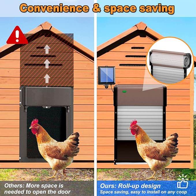 Automatic Chicken Coop Door Solar Powered, App Control Automatic Chicken Door with Timer & Light Sensor Mix 4-Modes, Solar Chicken Coop Door with Anti-Pinch Design, Durable & Weatherproof Chicken Door