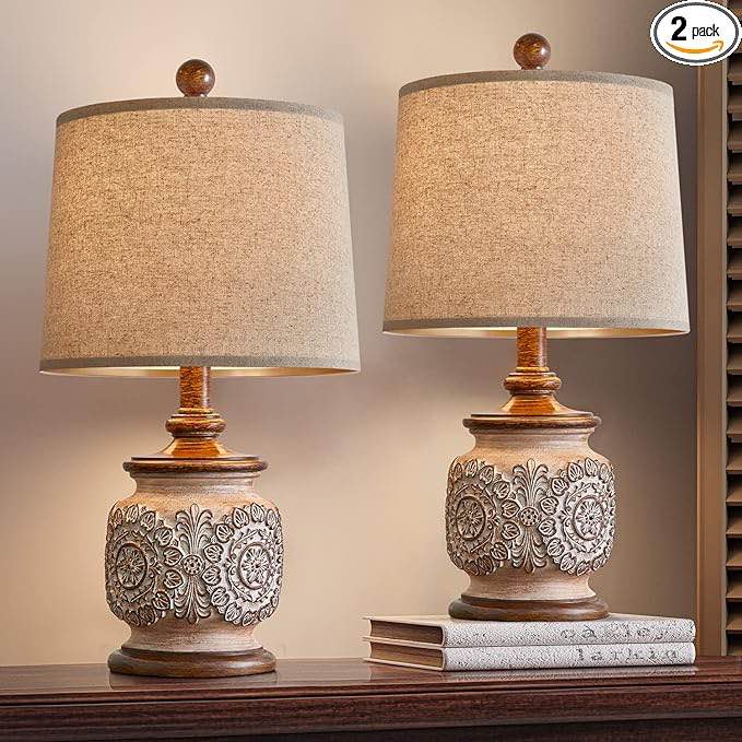 Komor 18.75'''' Vintage Resin Table Lamps For Living Room Traditional Carved Bedside Lamps For Bedroom Farmhouse Rustic Night Light Lamps